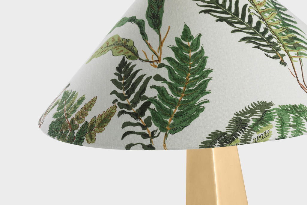 Zoran Medium Table Lamp | Hand-Rubbed Antique Brass | Schumacher 21" Document Les Fougeres Flare Shade