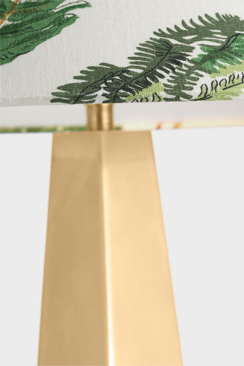 Zoran Medium Table Lamp | Hand-Rubbed Antique Brass | Schumacher 21" Document Les Fougeres Flare Shade