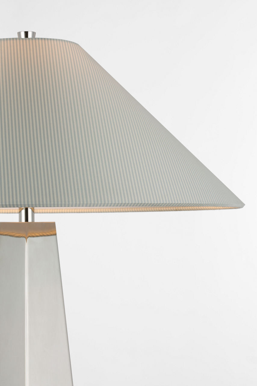 Zoran Medium Table Lamp | Polished Nickel | Schumacher 21" Blue Charee Stripe Flare Shade