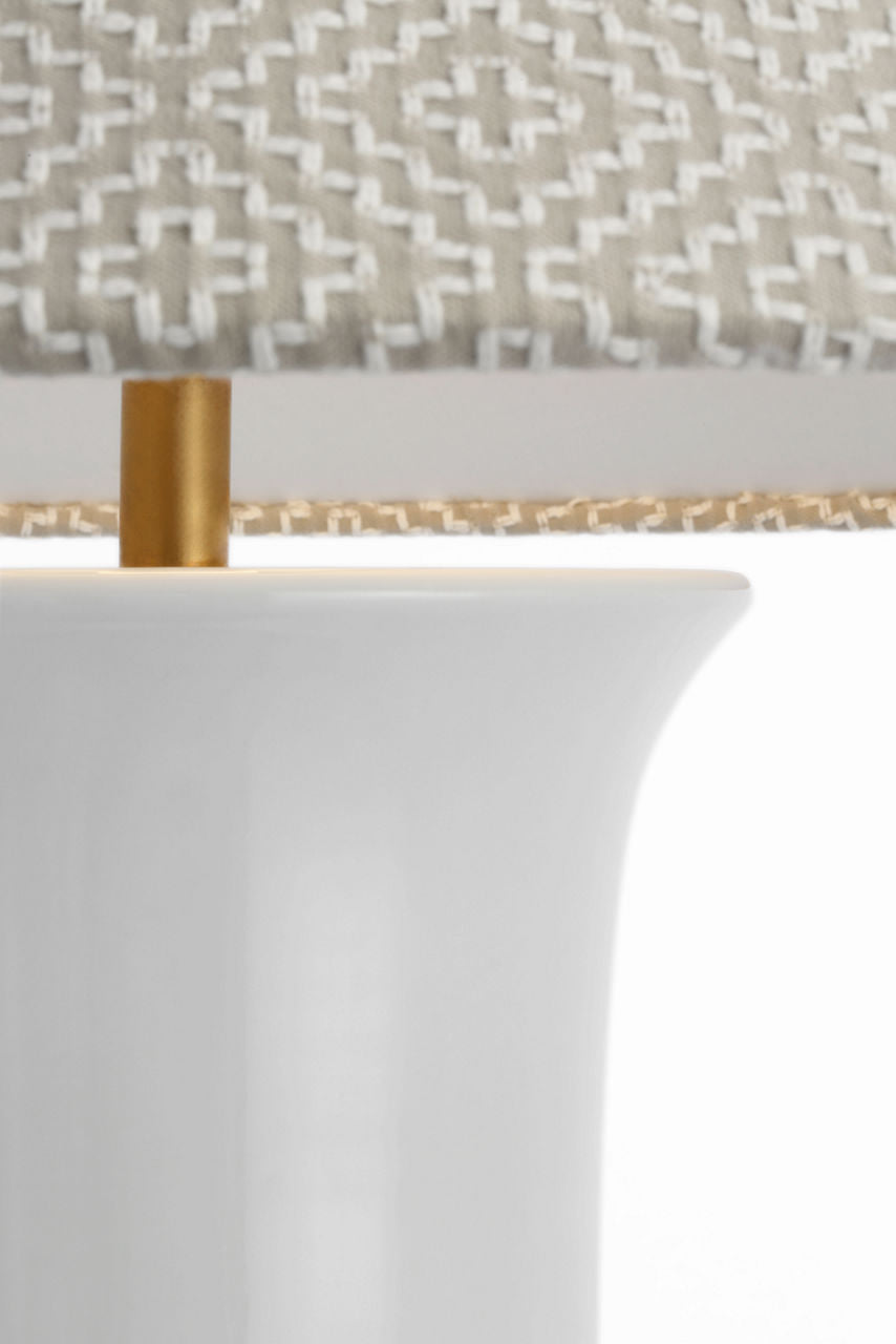 Mallory Medium Table Lamp | White Porcelain | Schumacher 23" Dove Soho Weave Flare Shade