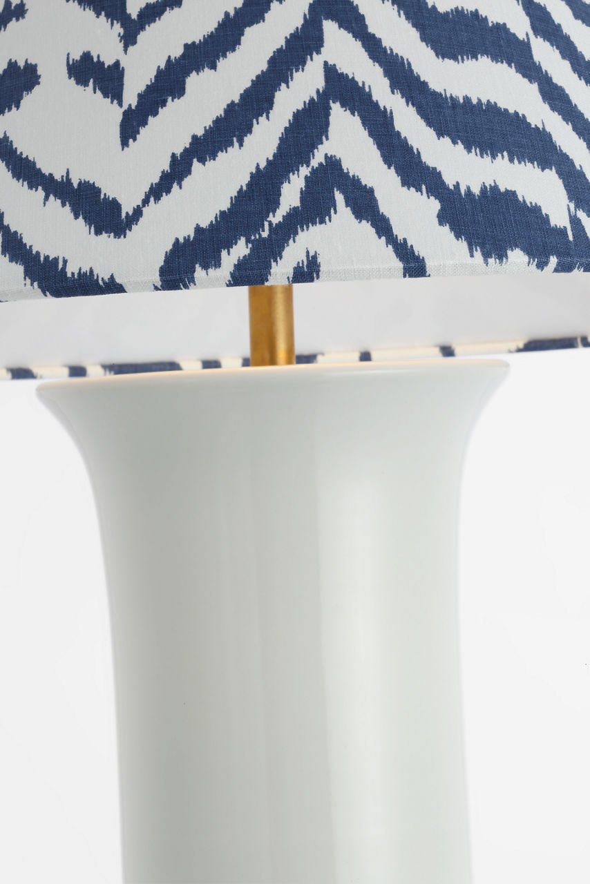Mallory Medium Table Lamp | White Porcelain | Schumacher 23" Blue Quincy Flare Shade