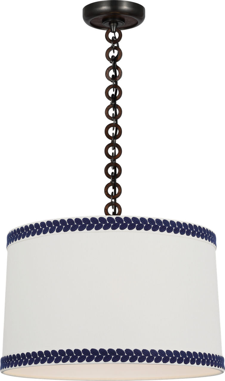 Evelyn 19" Hanging Shade | Bronze and Natural Oak | Linen Shade and Schumacher Blue Berkeley Tape