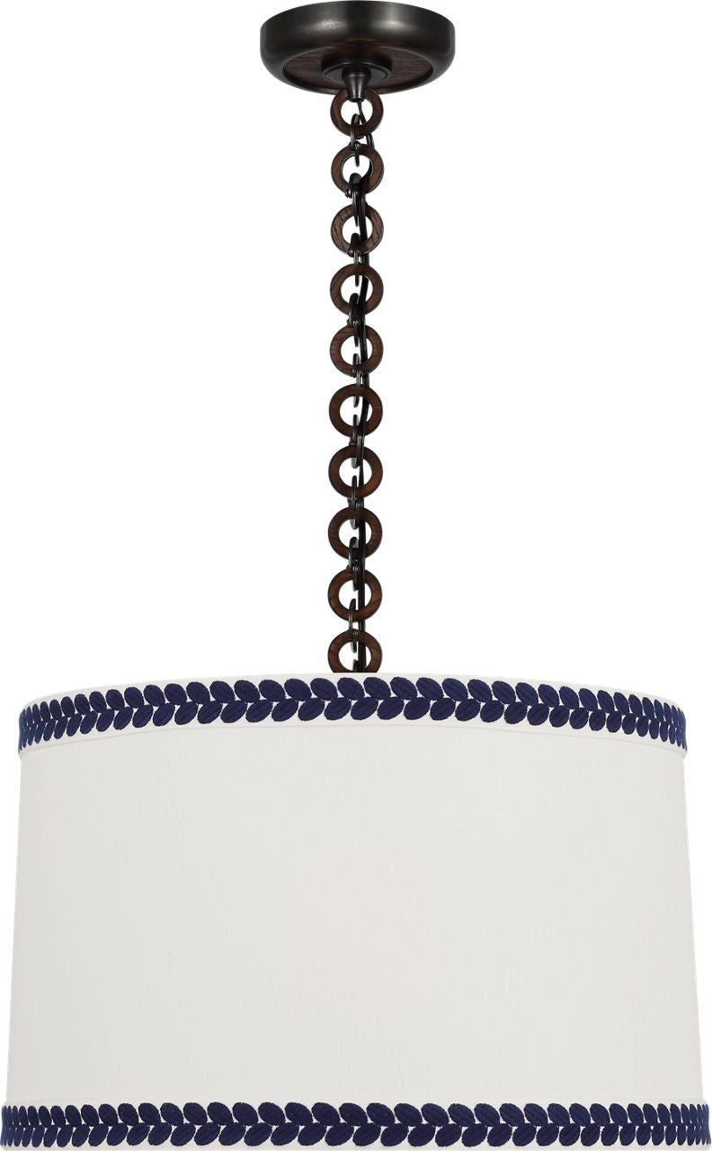Evelyn 19" Hanging Shade | Bronze and Natural Oak | Linen Shade and Schumacher Blue Berkeley Tape