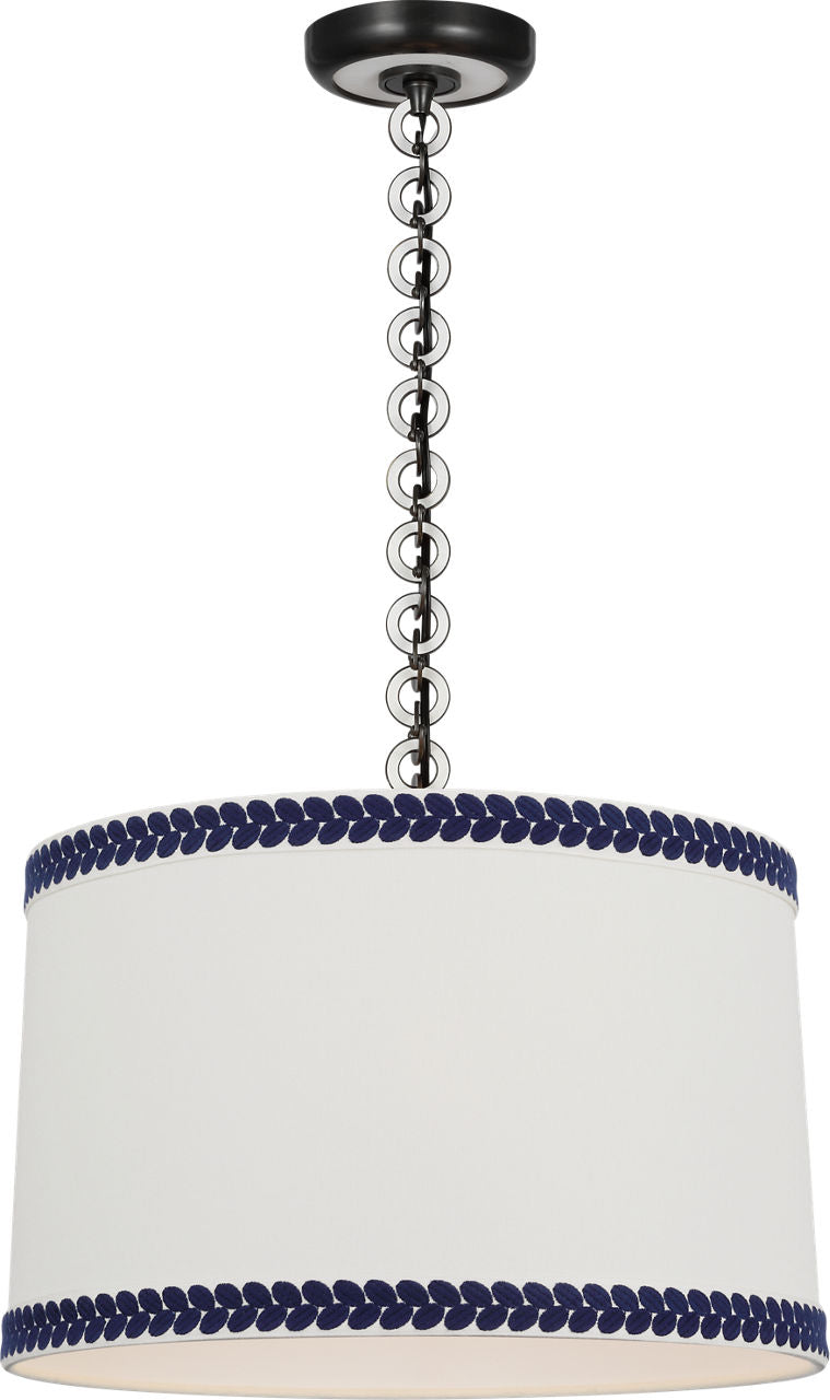 Evelyn 19" Hanging Shade | Bronze and White Oak | Linen Shade and Schumacher Blue Berkeley Tape