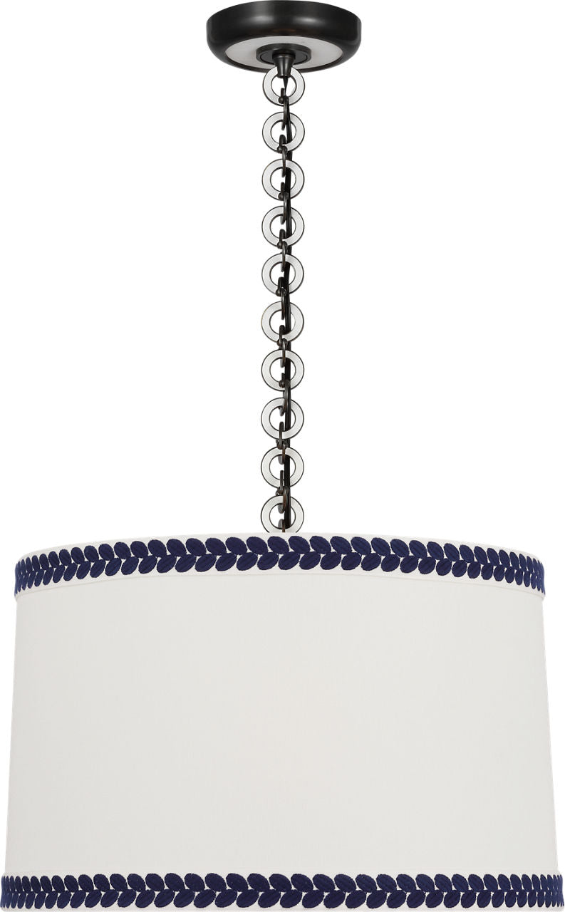 Evelyn 19" Hanging Shade | Bronze and White Oak | Linen Shade and Schumacher Blue Berkeley Tape