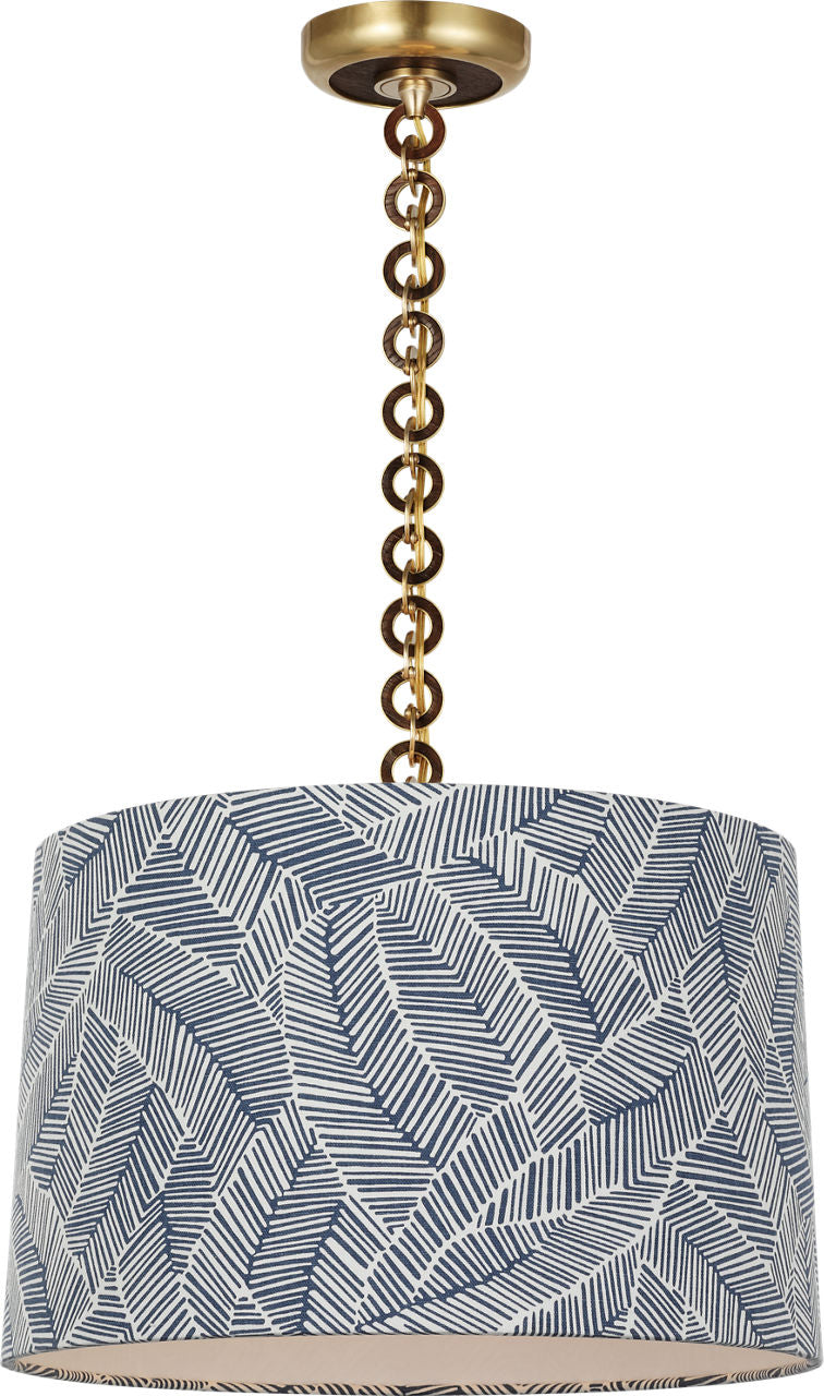 Evelyn 19" Hanging Shade | Hand-Rubbed Antique Brass and Natural Oak | Schumacher Navy Abstract Leaf Shade