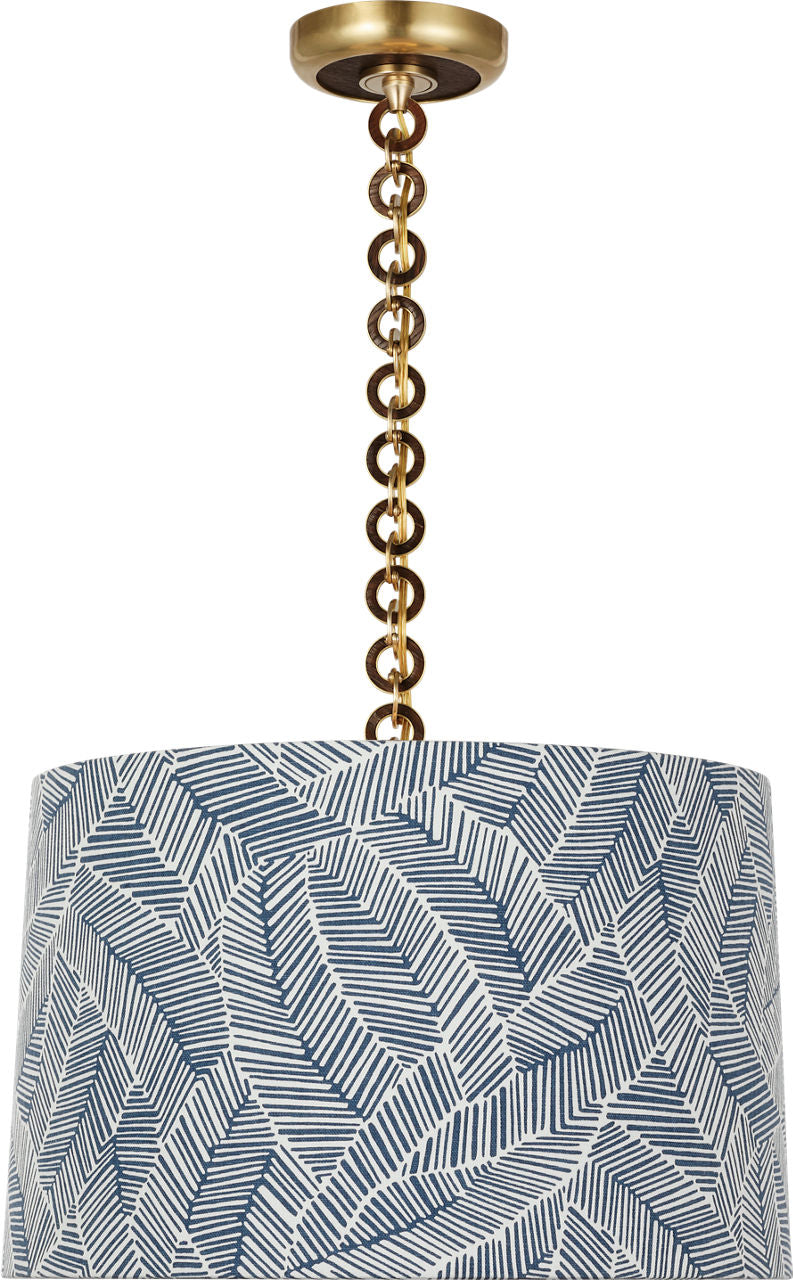 Evelyn 19" Hanging Shade | Hand-Rubbed Antique Brass and Natural Oak | Schumacher Navy Abstract Leaf Shade