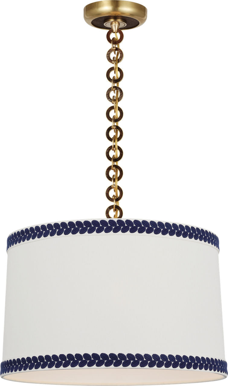 Evelyn 19" Hanging Shade | Hand-Rubbed Antique Brass and Natural Oak | Linen Shade and Schumacher Blue Berkeley Tape