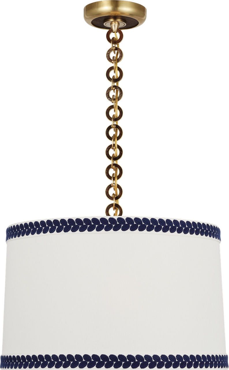Evelyn 19" Hanging Shade | Hand-Rubbed Antique Brass and Natural Oak | Linen Shade and Schumacher Blue Berkeley Tape