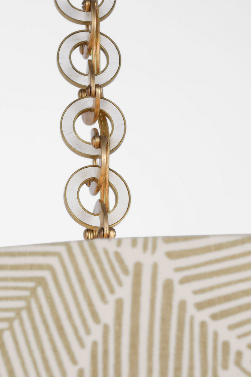 Evelyn 19" Hanging Shade | Hand-Rubbed Antique Brass and White Oak | Schumacher Taupe Abstract Leaf Shade