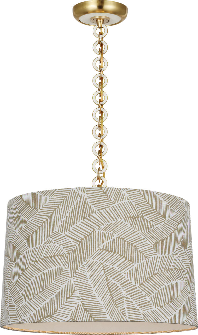 Evelyn 19" Hanging Shade | Hand-Rubbed Antique Brass and White Oak | Schumacher Taupe Abstract Leaf Shade