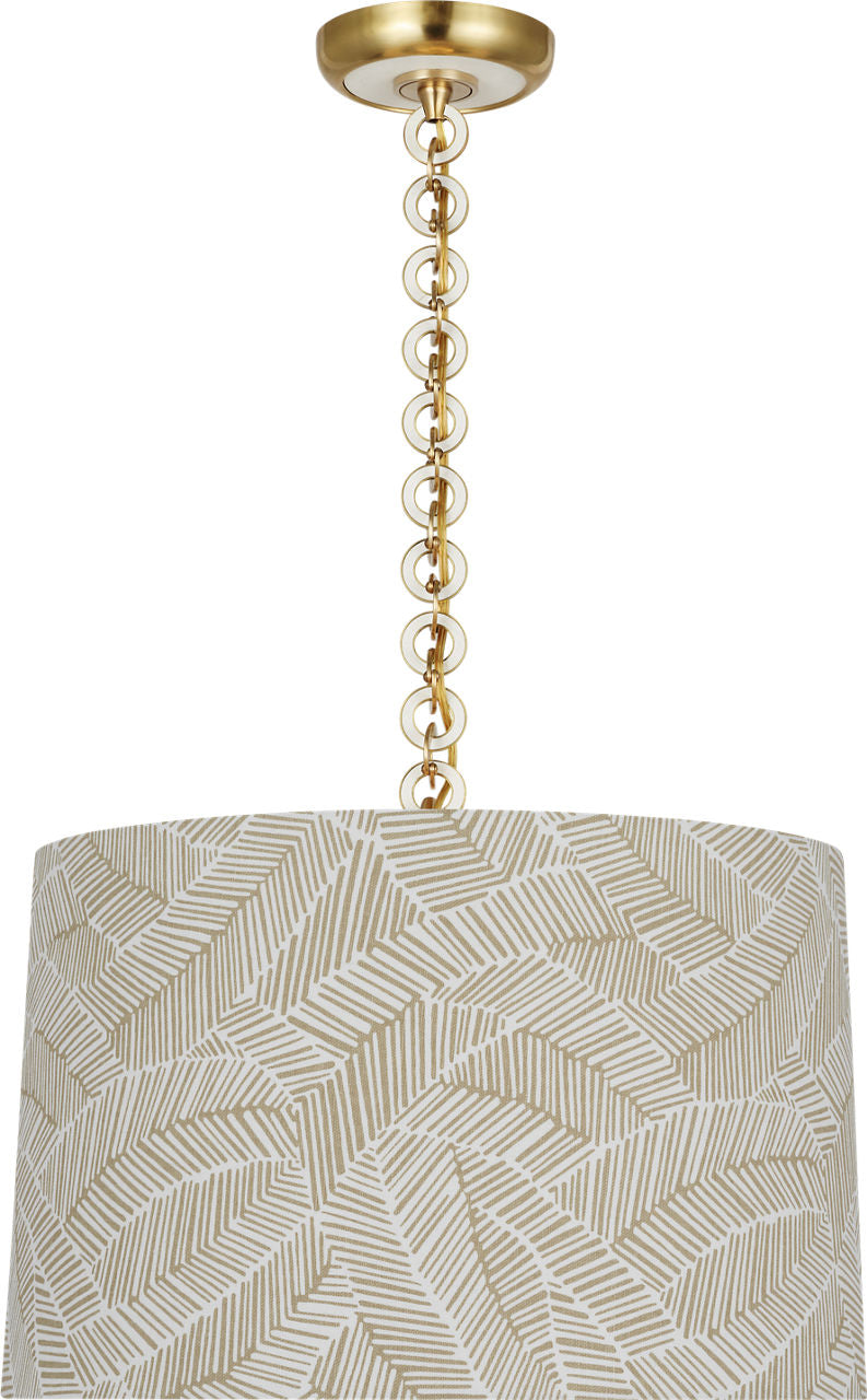 Evelyn 19" Hanging Shade | Hand-Rubbed Antique Brass and White Oak | Schumacher Taupe Abstract Leaf Shade