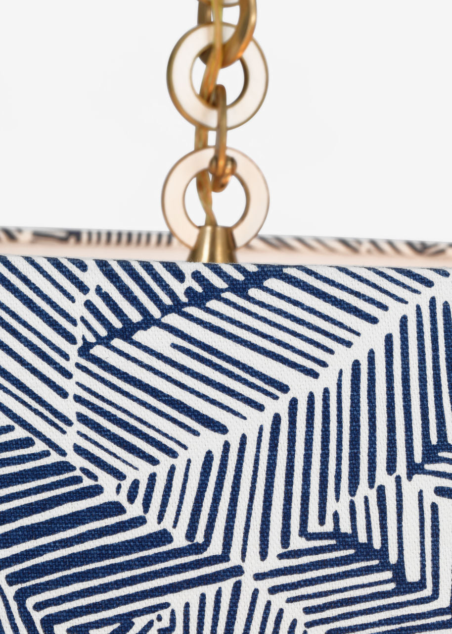 Evelyn 19" Hanging Shade | Hand-Rubbed Antique Brass and White Oak | Schumacher Navy Abstract Leaf Shade