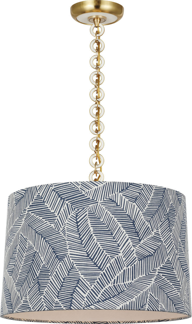 Evelyn 19" Hanging Shade | Hand-Rubbed Antique Brass and White Oak | Schumacher Navy Abstract Leaf Shade