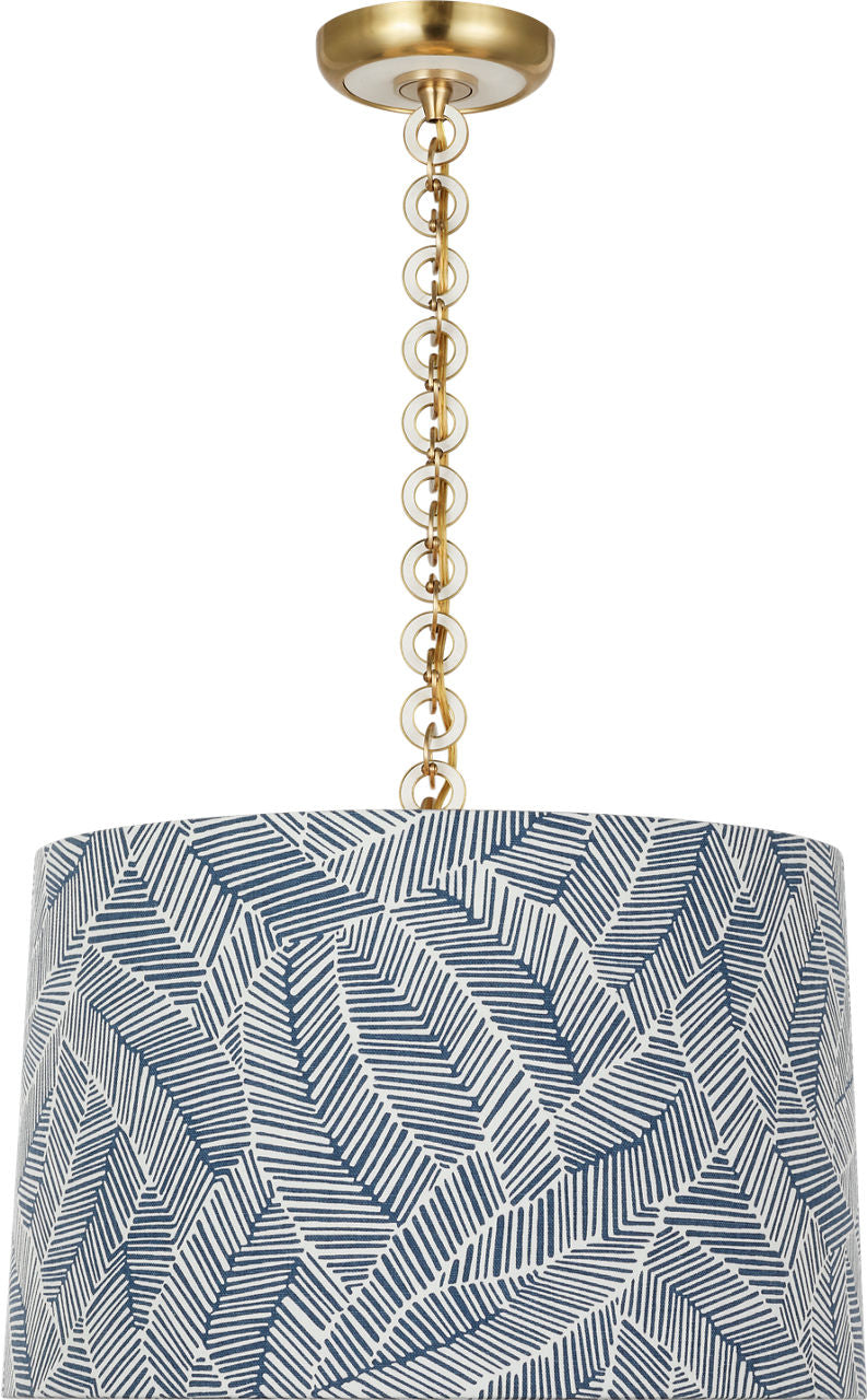 Evelyn 19" Hanging Shade | Hand-Rubbed Antique Brass and White Oak | Schumacher Navy Abstract Leaf Shade