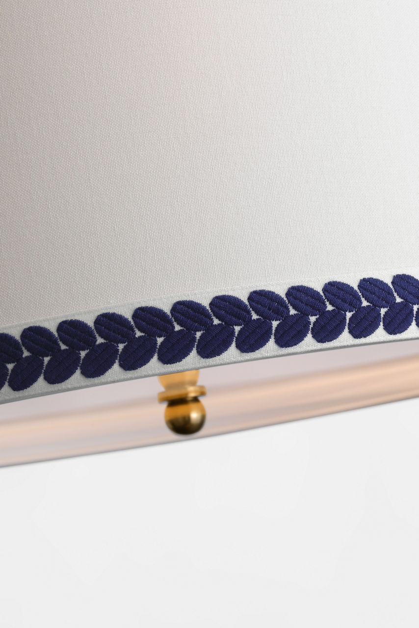 Evelyn 19" Hanging Shade | Hand-Rubbed Antique Brass and White Oak | Linen Shade and Schumacher Blue Berkeley Tape
