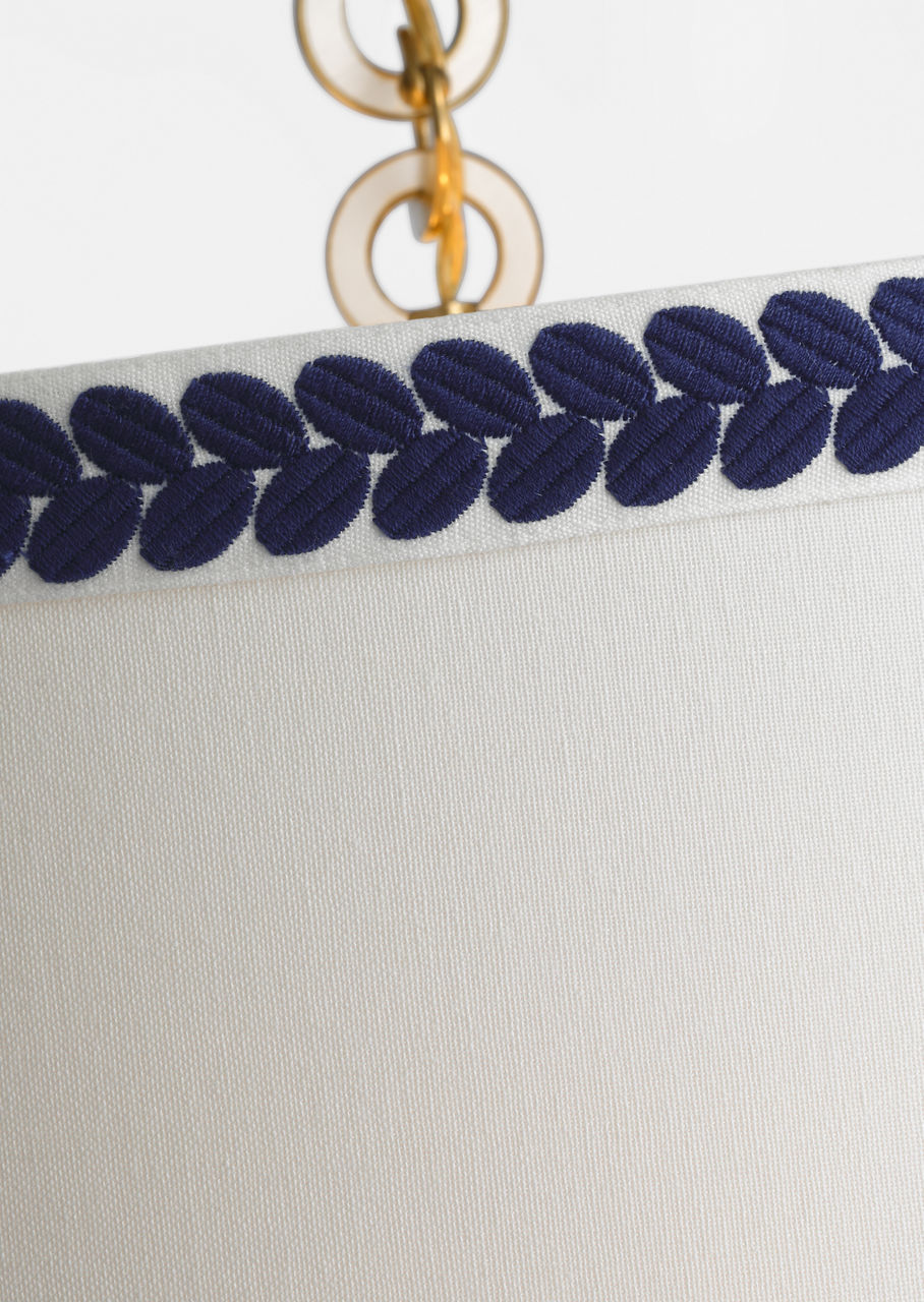 Evelyn 19" Hanging Shade | Hand-Rubbed Antique Brass and White Oak | Linen Shade and Schumacher Blue Berkeley Tape