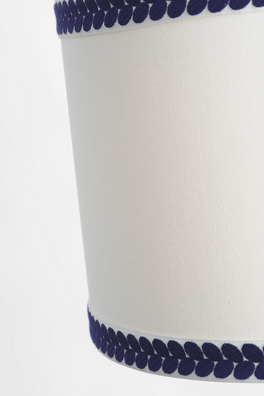 Evelyn 19" Hanging Shade | Hand-Rubbed Antique Brass and White Oak | Linen Shade and Schumacher Blue Berkeley Tape