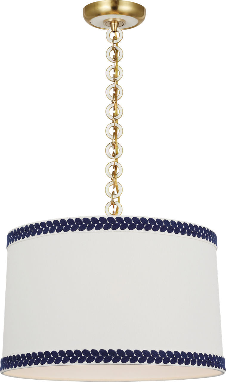 Evelyn 19" Hanging Shade | Hand-Rubbed Antique Brass and White Oak | Linen Shade and Schumacher Blue Berkeley Tape