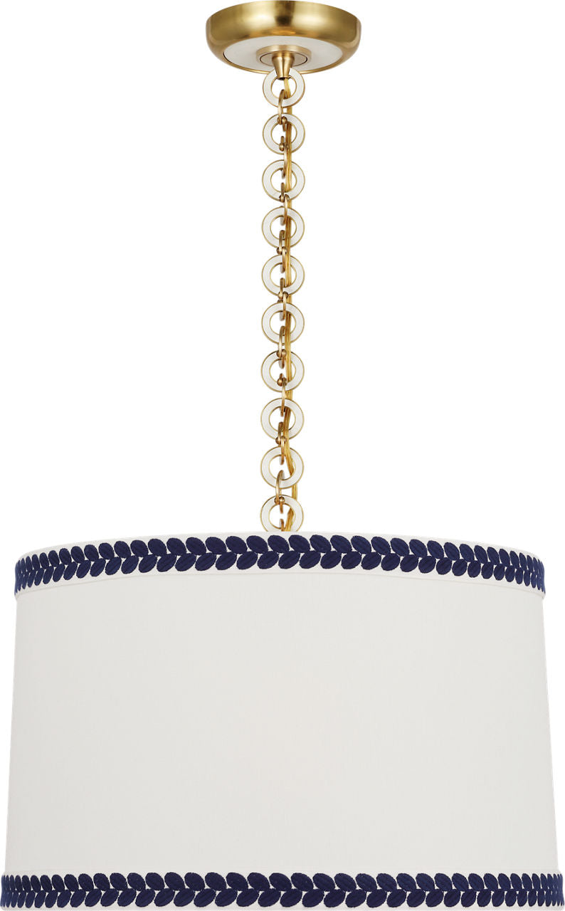 Evelyn 19" Hanging Shade | Hand-Rubbed Antique Brass and White Oak | Linen Shade and Schumacher Blue Berkeley Tape