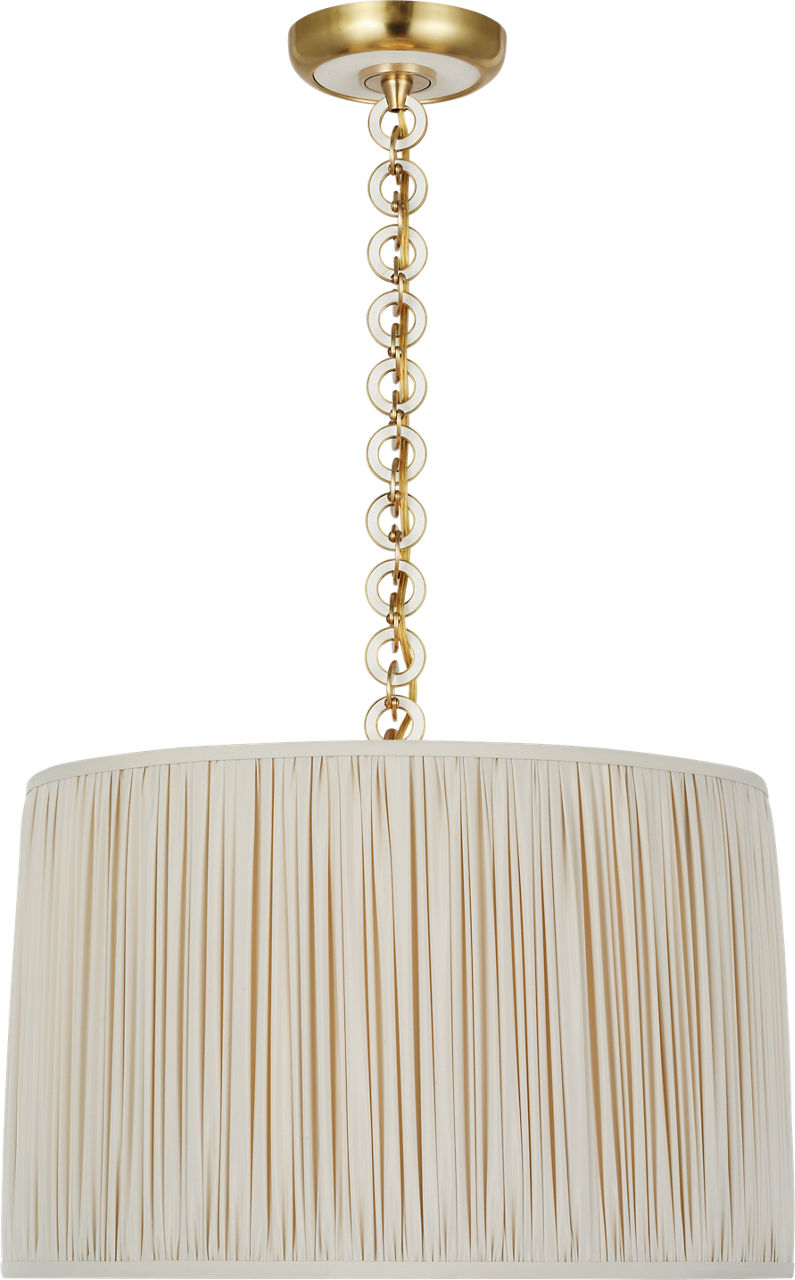 Evelyn 19" Hanging Shade | Hand-Rubbed Antique Brass and White Oak | Champagne Silk Pleated Shade