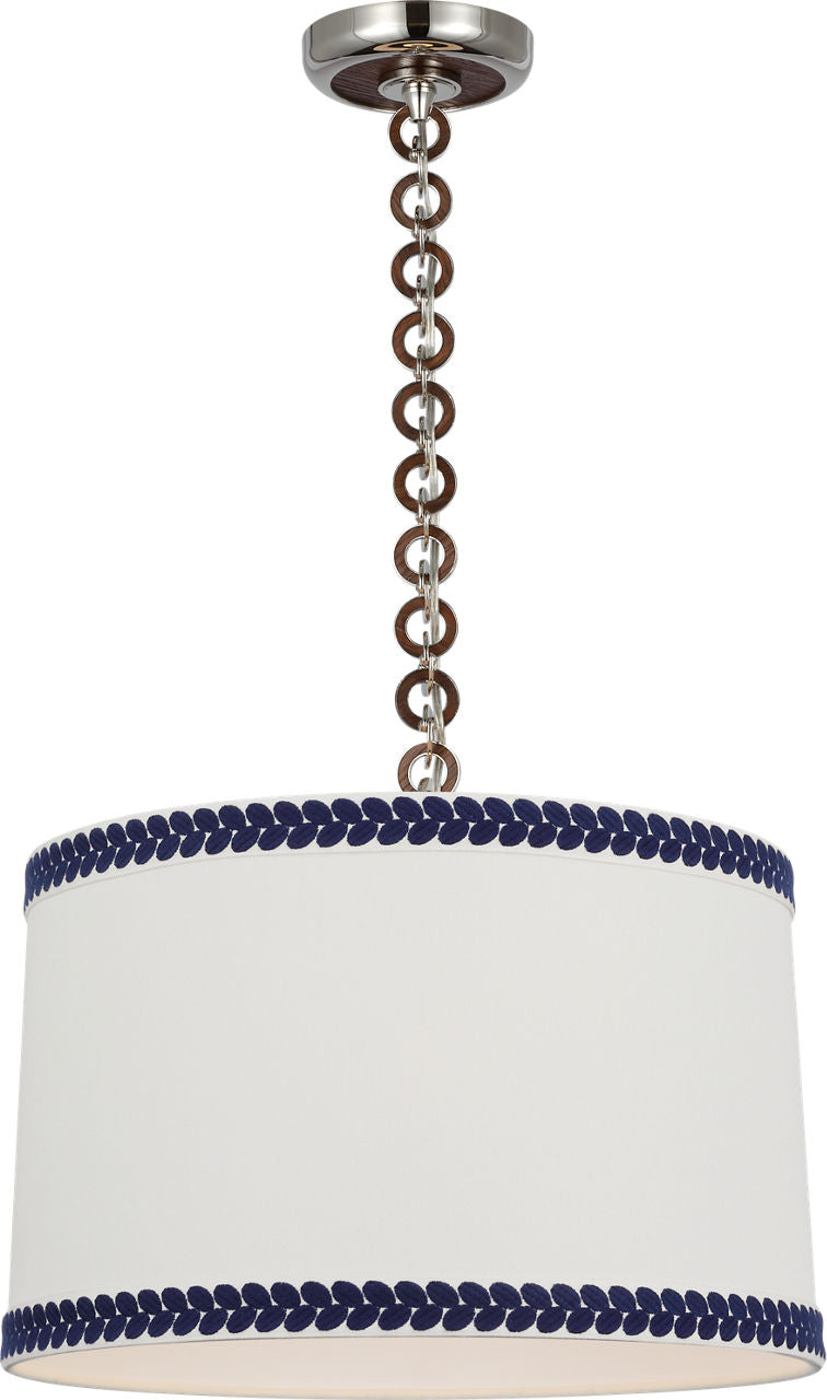 Evelyn 19" Hanging Shade | Polished Nickel and Natural Oak | Linen Shade and Schumacher Blue Berkeley Tape