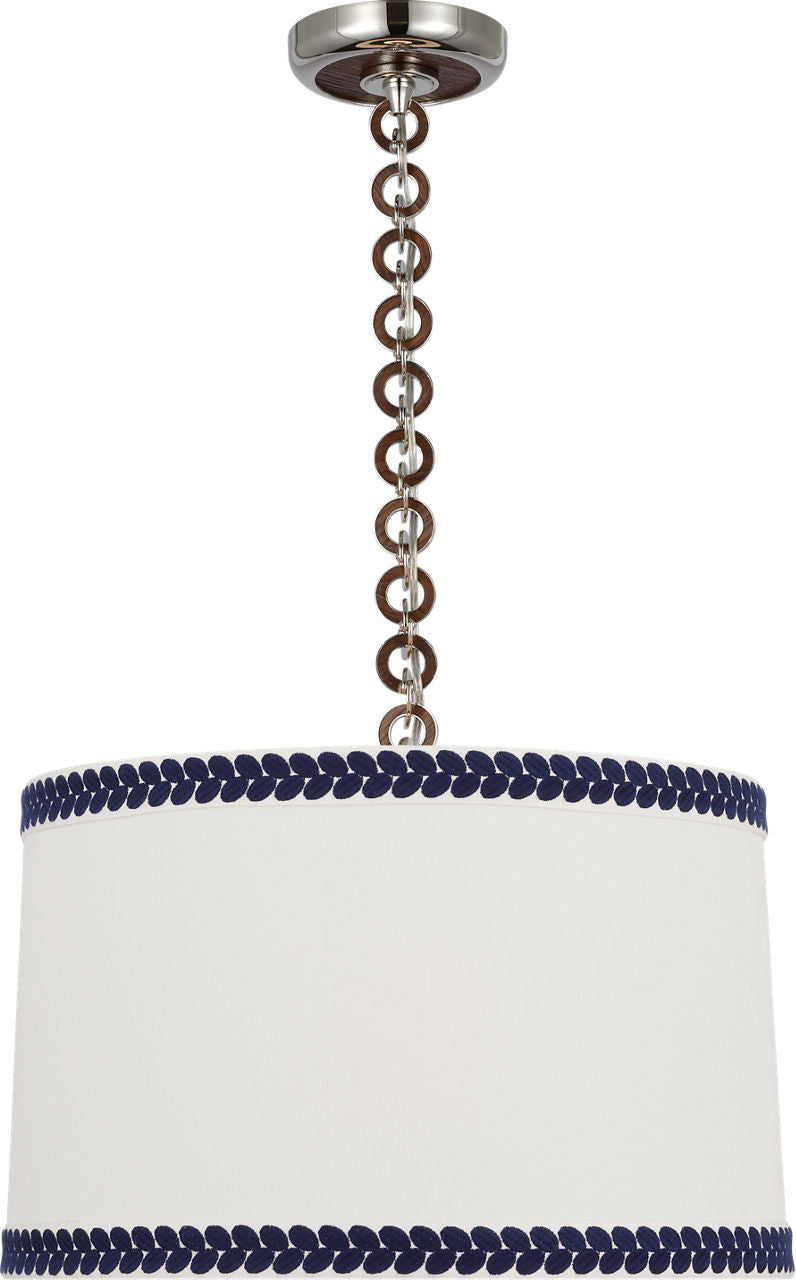 Evelyn 19" Hanging Shade | Polished Nickel and Natural Oak | Linen Shade and Schumacher Blue Berkeley Tape