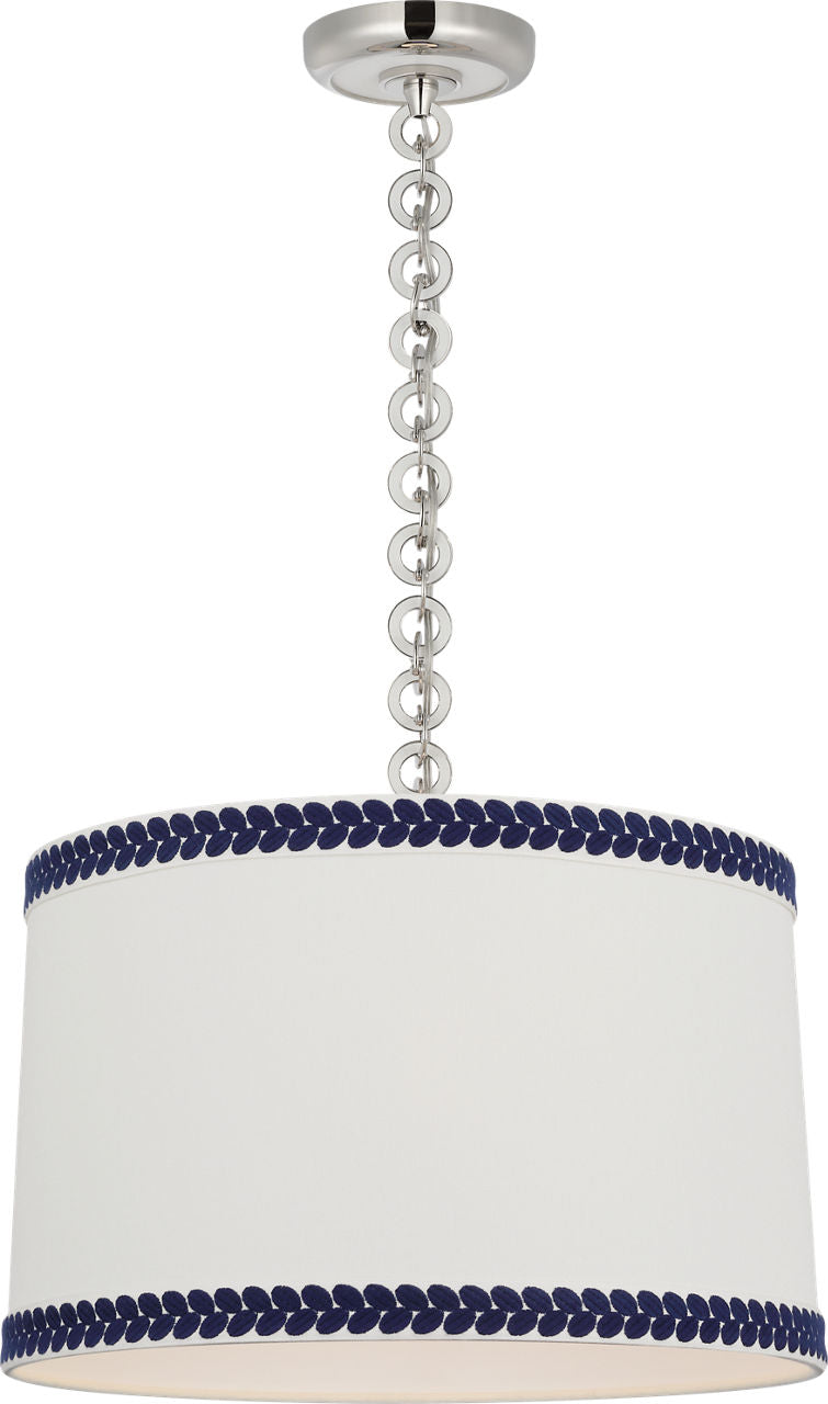Evelyn 19" Hanging Shade | Polished Nickel and White Oak | Linen Shade and Schumacher Blue Berkeley Tape