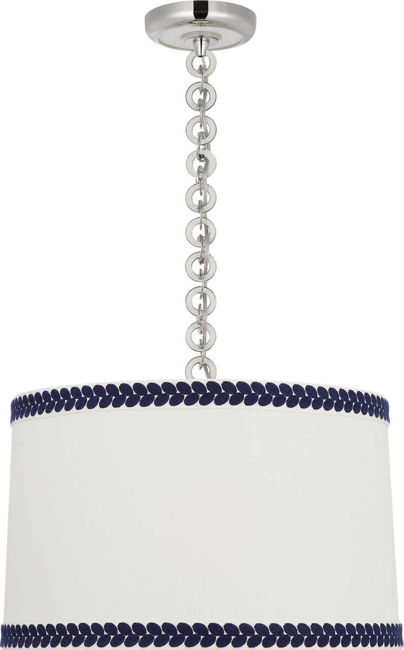 Evelyn 19" Hanging Shade | Polished Nickel and White Oak | Linen Shade and Schumacher Blue Berkeley Tape