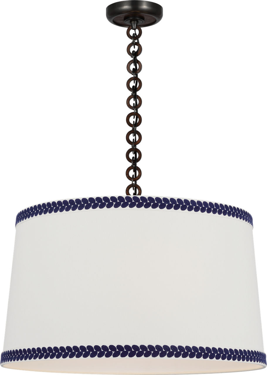 Evelyn 25" Hanging Shade | Bronze and Natural Oak | Linen Shade and Schumacher Blue Berkeley Tape