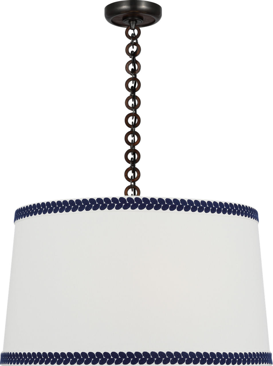 Evelyn 25" Hanging Shade | Bronze and Natural Oak | Linen Shade and Schumacher Blue Berkeley Tape