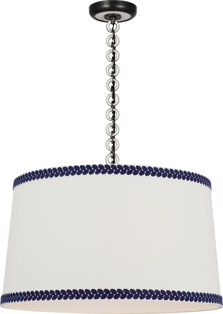 Evelyn 25" Hanging Shade | Bronze and White Oak | Linen Shade and Schumacher Blue Berkeley Tape