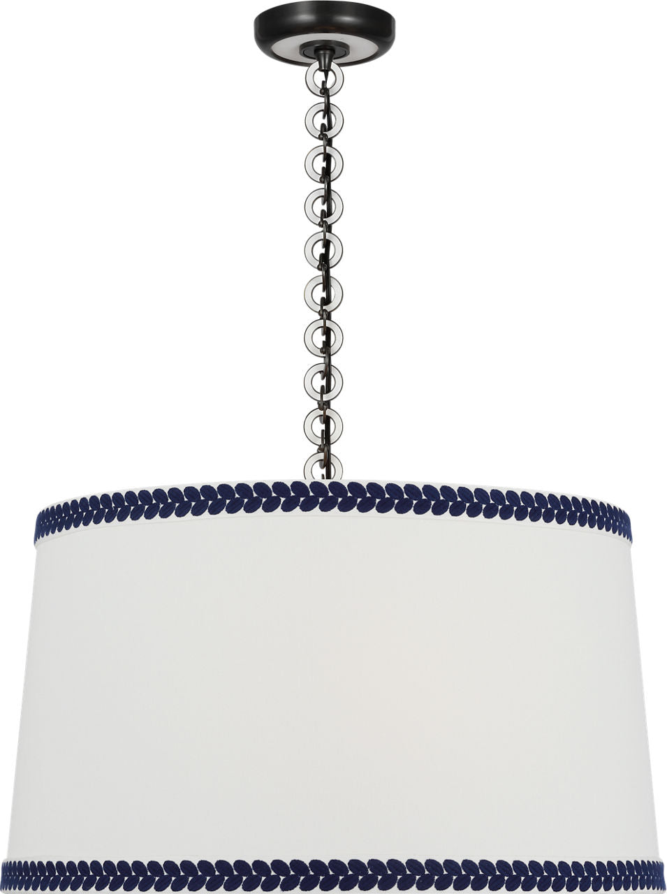 Evelyn 25" Hanging Shade | Bronze and White Oak | Linen Shade and Schumacher Blue Berkeley Tape