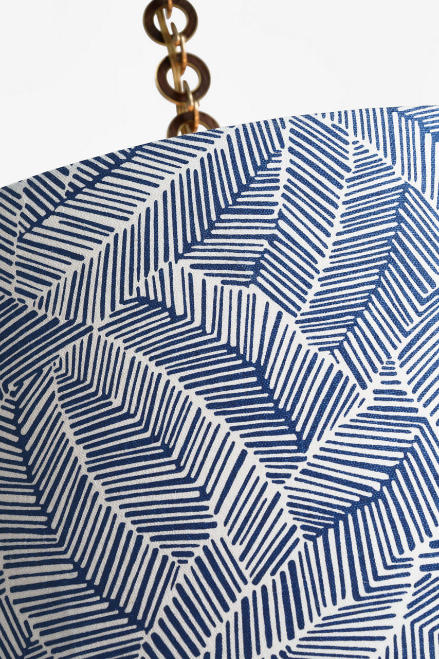 Evelyn 25" Hanging Shade | Hand-Rubbed Antique Brass and Natural Oak | Schumacher Navy Abstract Leaf Shade