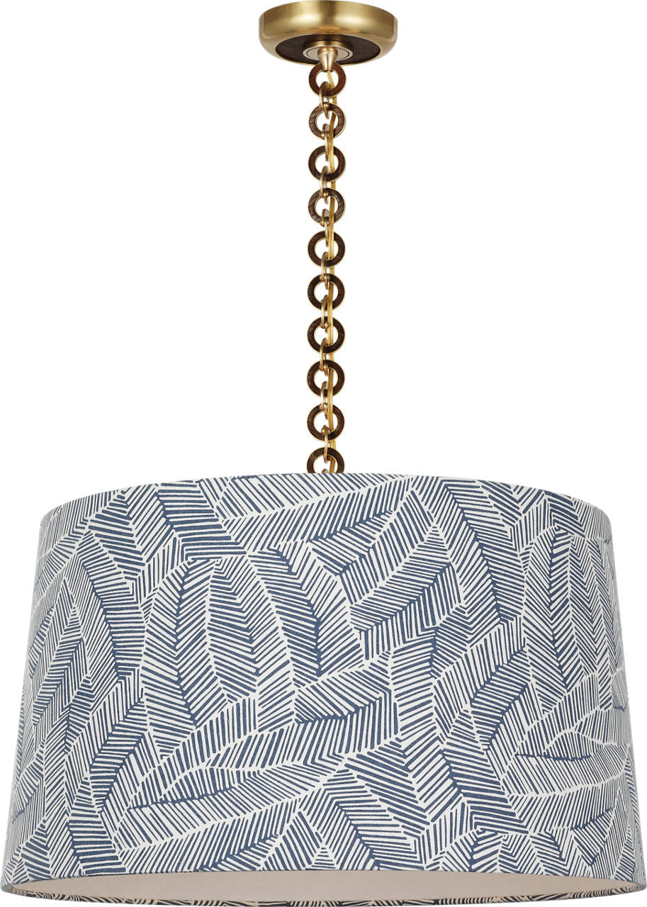 Evelyn 25" Hanging Shade | Hand-Rubbed Antique Brass and Natural Oak | Schumacher Navy Abstract Leaf Shade