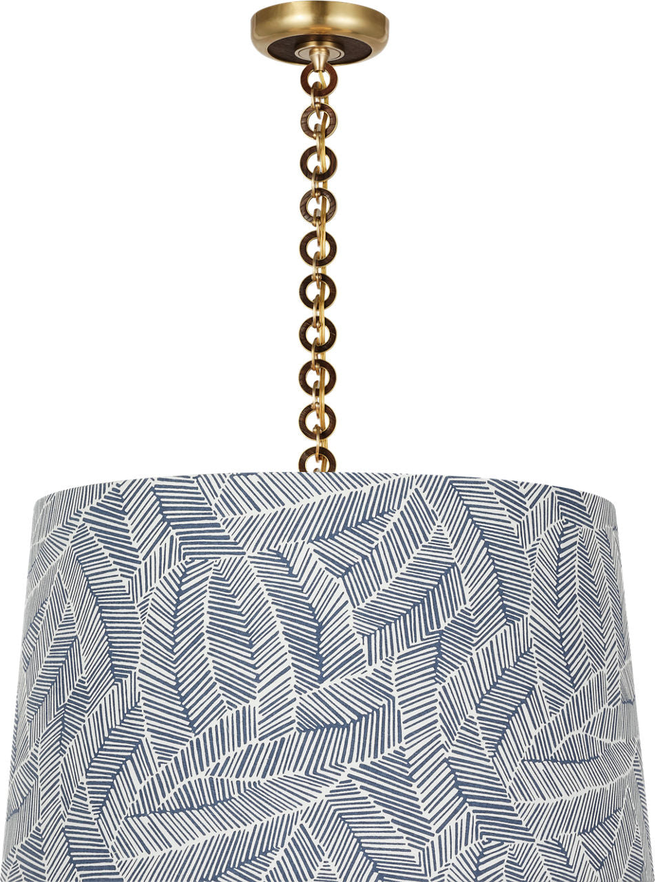 Evelyn 25" Hanging Shade | Hand-Rubbed Antique Brass and Natural Oak | Schumacher Navy Abstract Leaf Shade