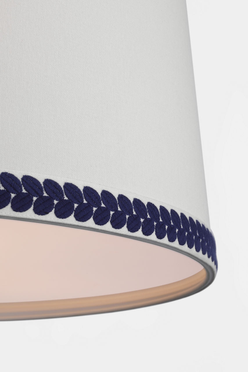 Evelyn 25" Hanging Shade | Hand-Rubbed Antique Brass and Natural Oak | Linen Shade and Schumacher Blue Berkeley Tape