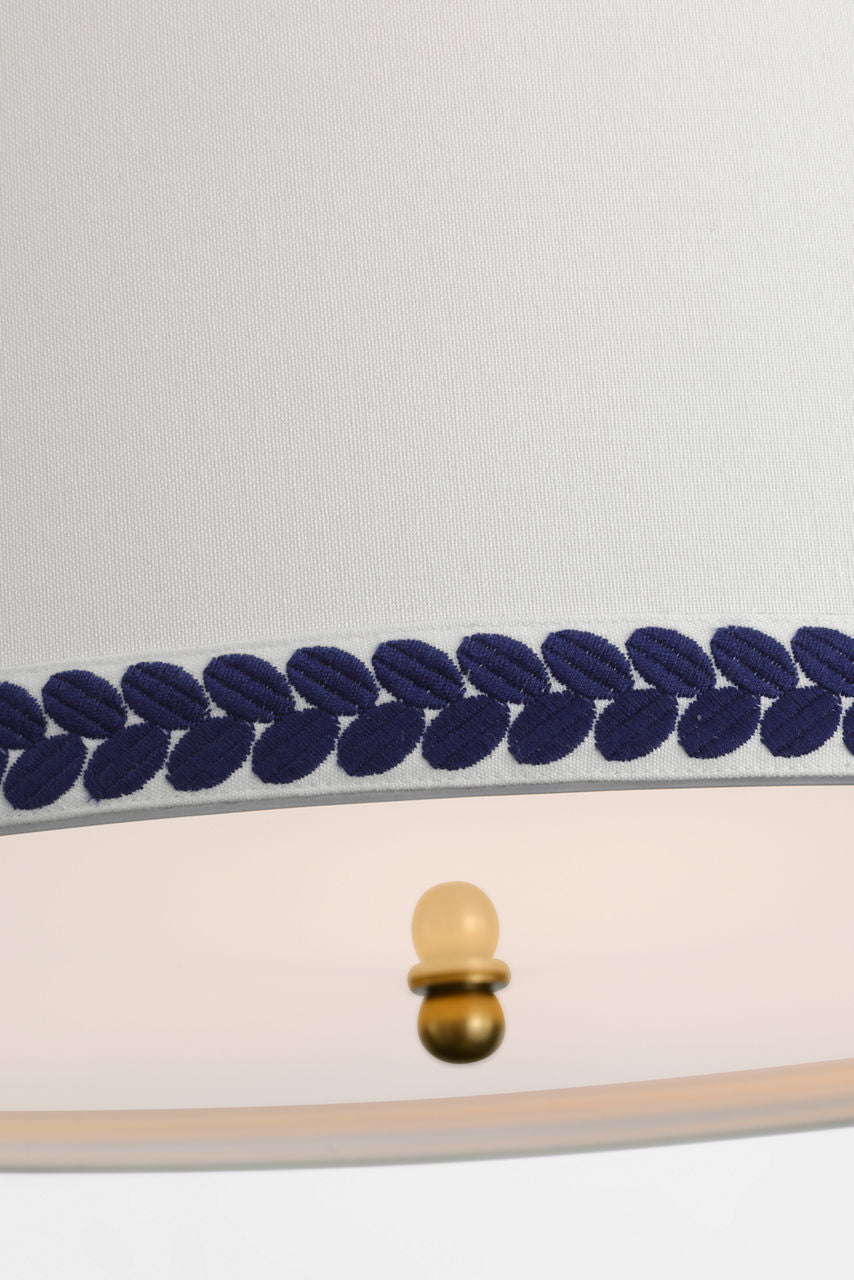 Evelyn 25" Hanging Shade | Hand-Rubbed Antique Brass and Natural Oak | Linen Shade and Schumacher Blue Berkeley Tape