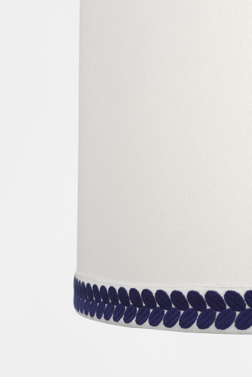 Evelyn 25" Hanging Shade | Hand-Rubbed Antique Brass and Natural Oak | Linen Shade and Schumacher Blue Berkeley Tape