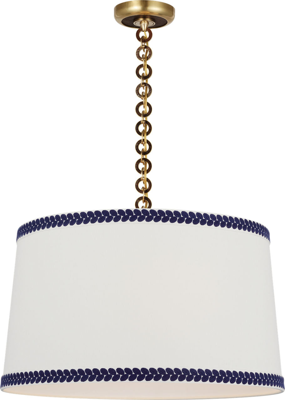 Evelyn 25" Hanging Shade | Hand-Rubbed Antique Brass and Natural Oak | Linen Shade and Schumacher Blue Berkeley Tape