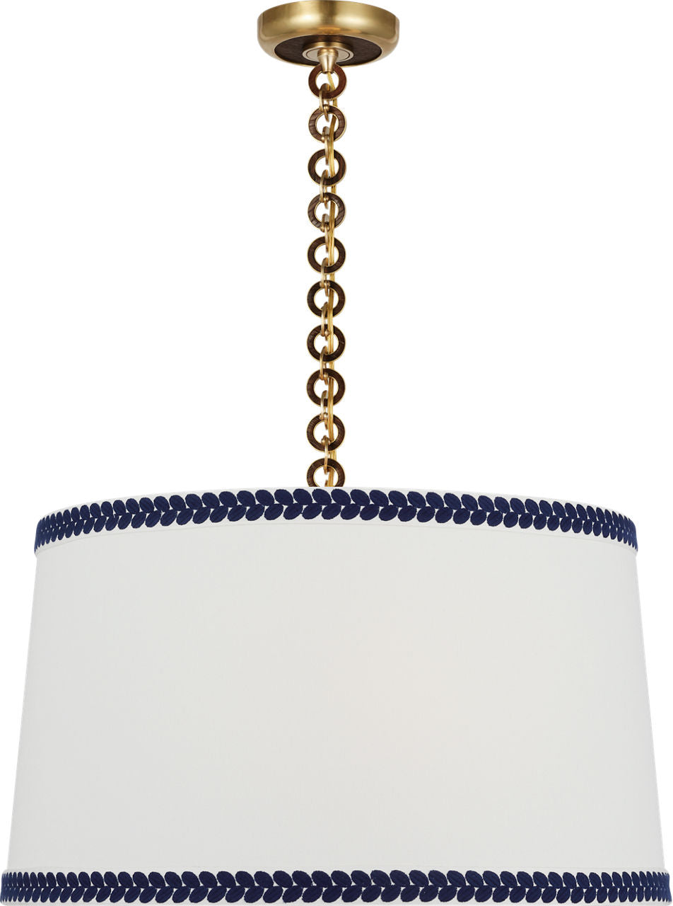 Evelyn 25" Hanging Shade | Hand-Rubbed Antique Brass and Natural Oak | Linen Shade and Schumacher Blue Berkeley Tape