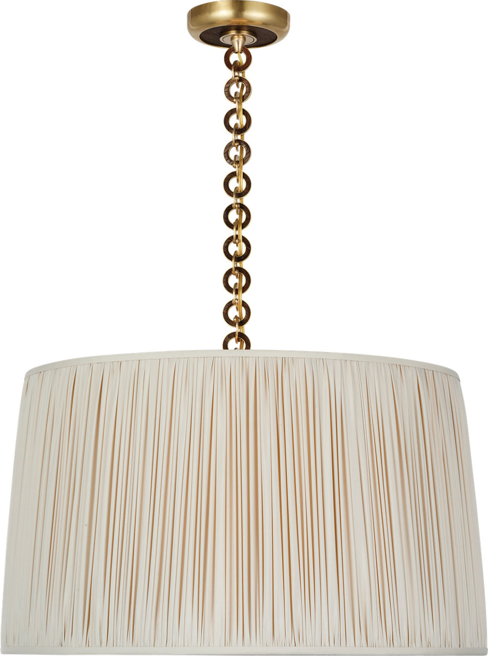 Evelyn 25" Hanging Shade | Hand-Rubbed Antique Brass and Natural Oak | Champagne Silk Pleated Shade
