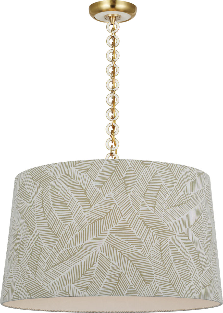 Evelyn 25" Hanging Shade | Hand-Rubbed Antique Brass and White Oak | Schumacher Taupe Abstract Leaf Shade
