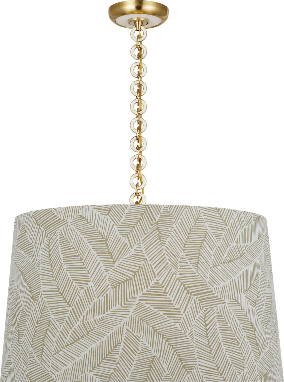 Evelyn 25" Hanging Shade | Hand-Rubbed Antique Brass and White Oak | Schumacher Taupe Abstract Leaf Shade