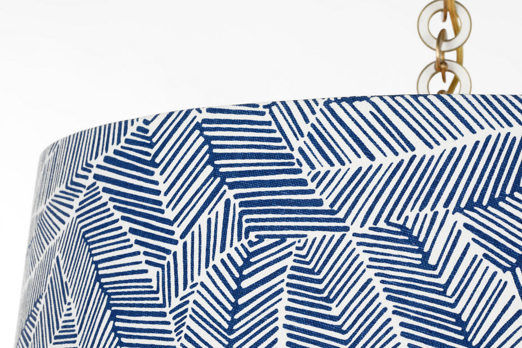 Evelyn 25" Hanging Shade | Hand-Rubbed Antique Brass and White Oak | Schumacher Navy Abstract Leaf Shade