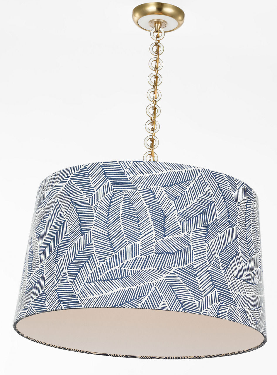Evelyn 25" Hanging Shade | Hand-Rubbed Antique Brass and White Oak | Schumacher Navy Abstract Leaf Shade