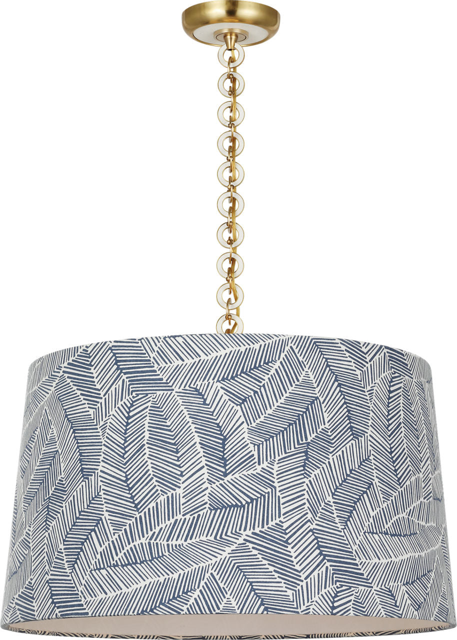 Evelyn 25" Hanging Shade | Hand-Rubbed Antique Brass and White Oak | Schumacher Navy Abstract Leaf Shade
