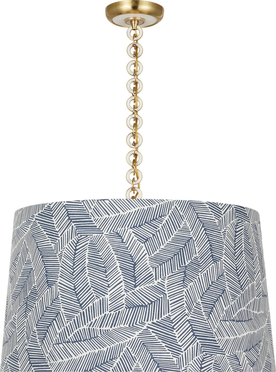 Evelyn 25" Hanging Shade | Hand-Rubbed Antique Brass and White Oak | Schumacher Navy Abstract Leaf Shade
