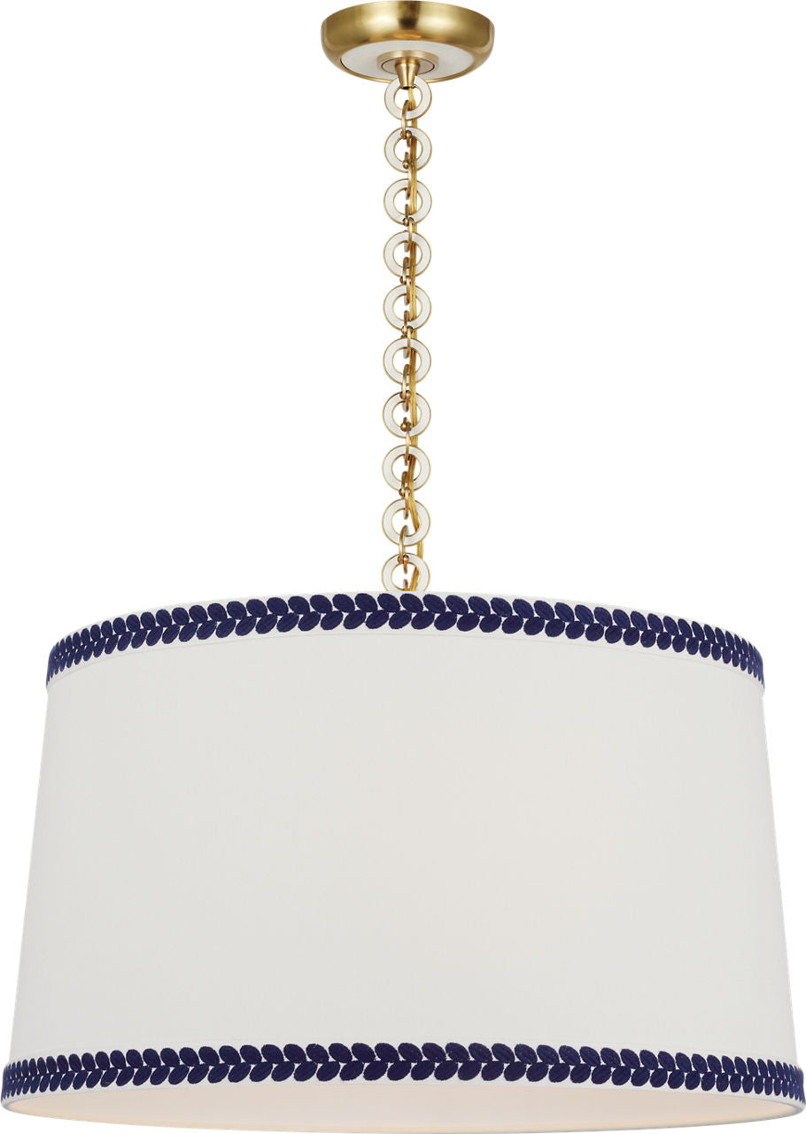 Evelyn 25" Hanging Shade | Hand-Rubbed Antique Brass and White Oak | Linen Shade and Schumacher Blue Berkeley Tape