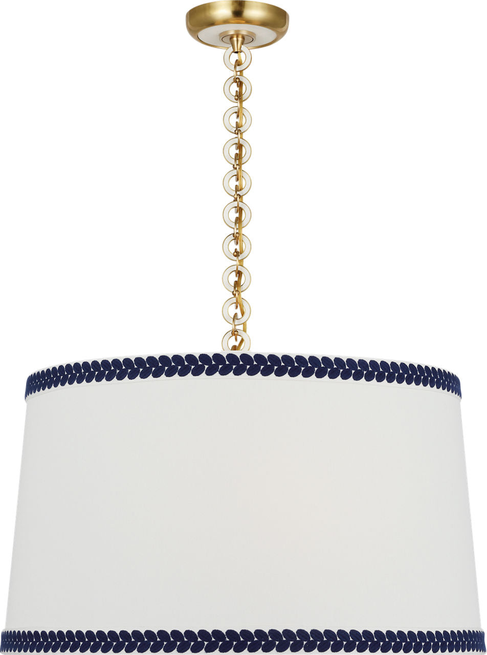 Evelyn 25" Hanging Shade | Hand-Rubbed Antique Brass and White Oak | Linen Shade and Schumacher Blue Berkeley Tape